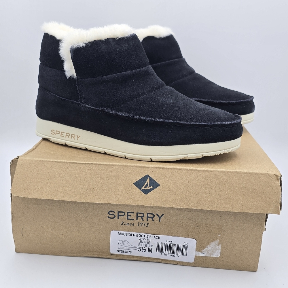 NIB Sperry Moc-Sider Booties, Black, Women's 5.5M